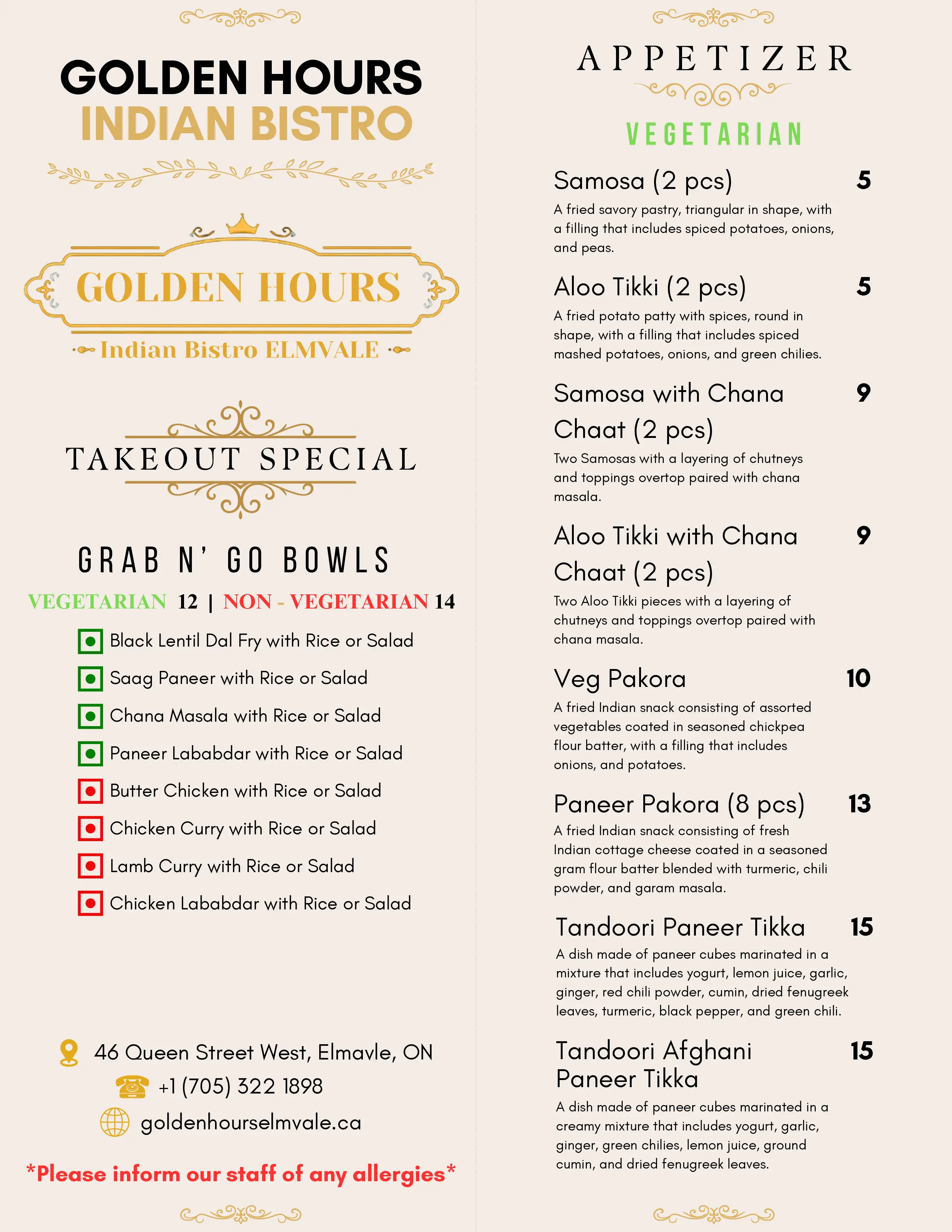 Golden Hours Indian Bistro Takeout Menu Page 1