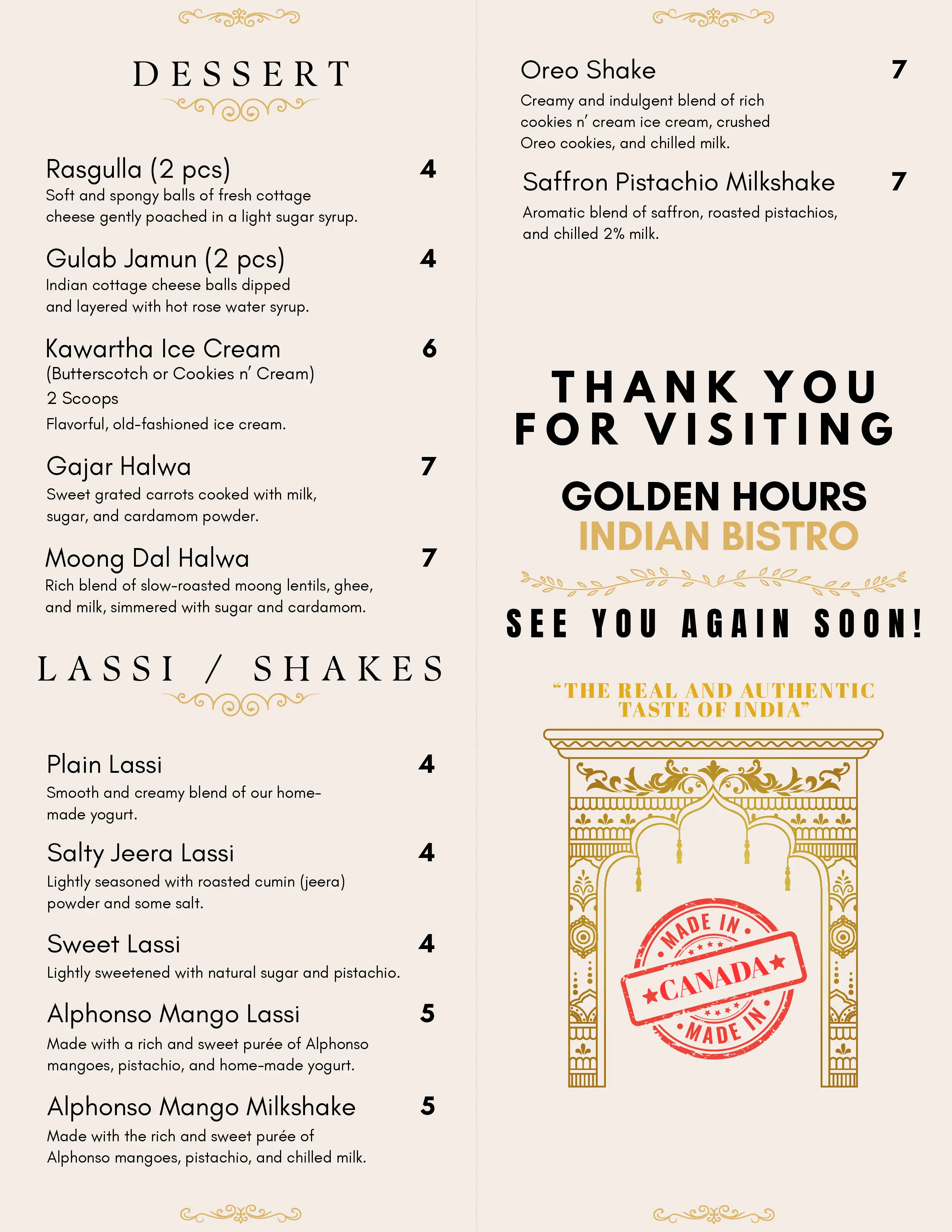 Golden Hours Indian Bistro Takeout Menu Page 5
